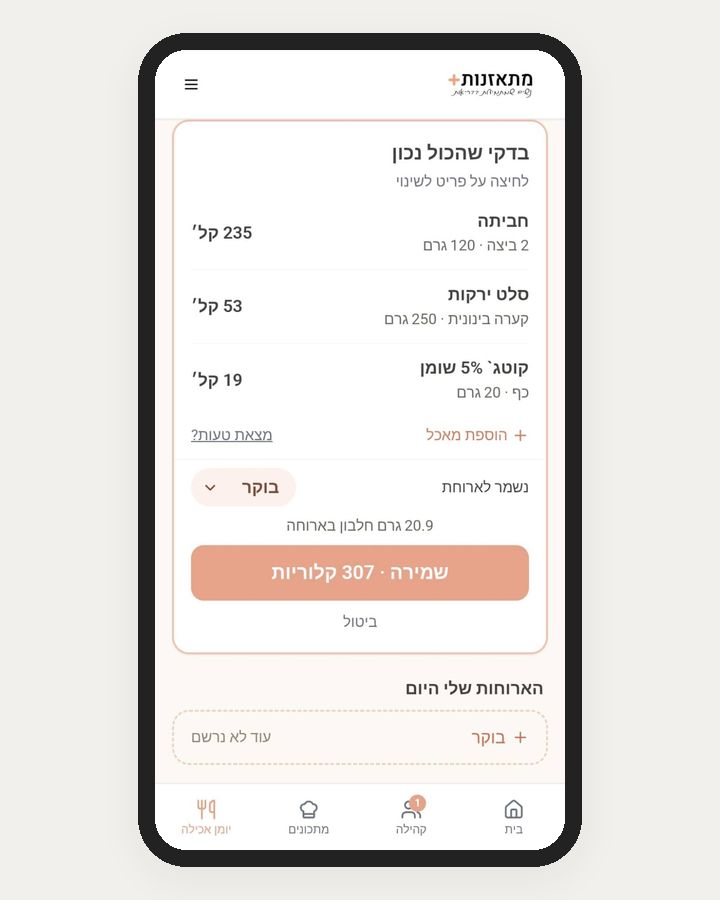 יומן אכילה באפליקציית מתאזנות+: פירוק הארוחה לפריטים וחישוב קלוריות