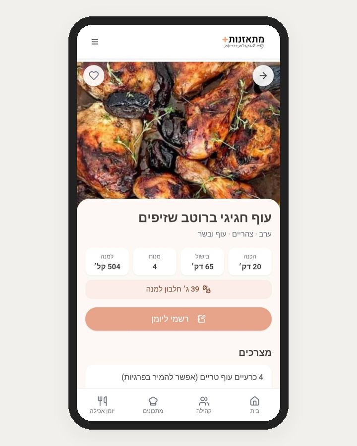 מתכון באפליקציית מתאזנות+ עם קלוריות וחלבון למנה